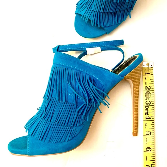 Scene “Anissa” turquoise faux suede fringe heels with wrap around ankle strap-10 - Picture 9 of 12